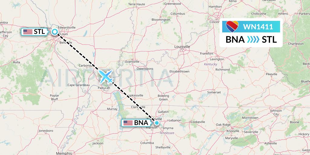 WN1411 Southwest Airlines Flight Map: Nashville to St. Louis