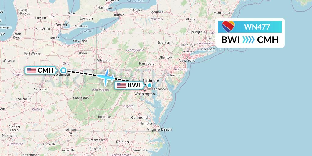 WN477 Southwest Airlines Flight Map: Baltimore to Columbus
