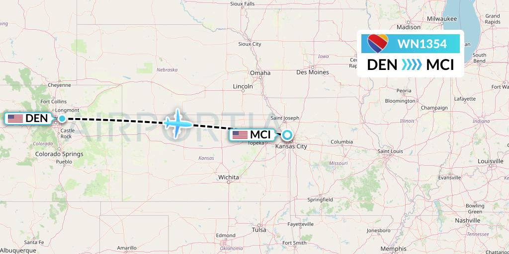 WN1354 Southwest Airlines Flight Map: Denver to Kansas City