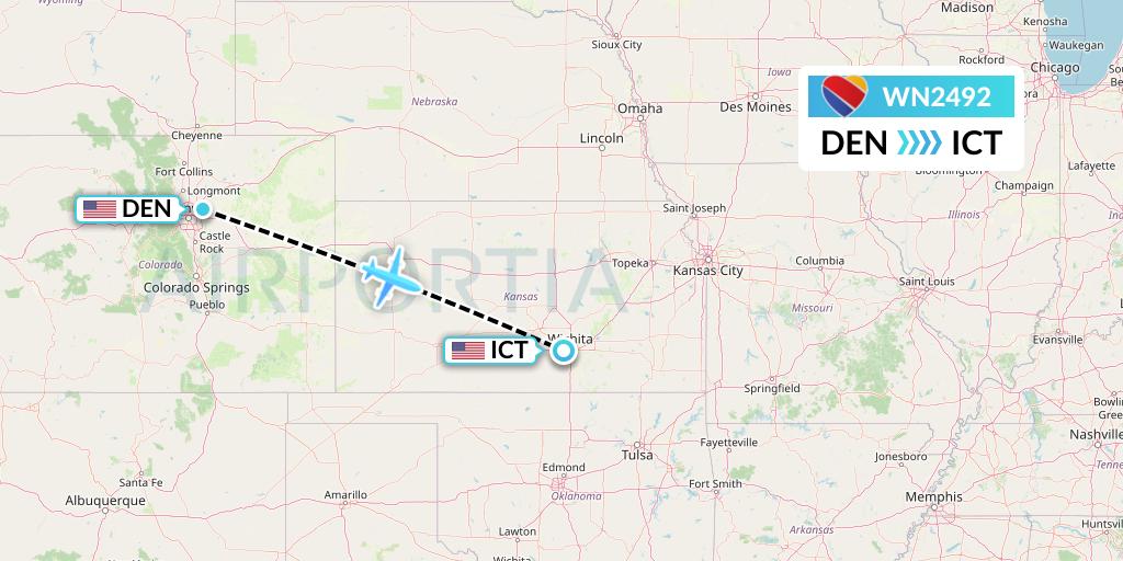 WN2492 Southwest Airlines Flight Map: Denver to Wichita