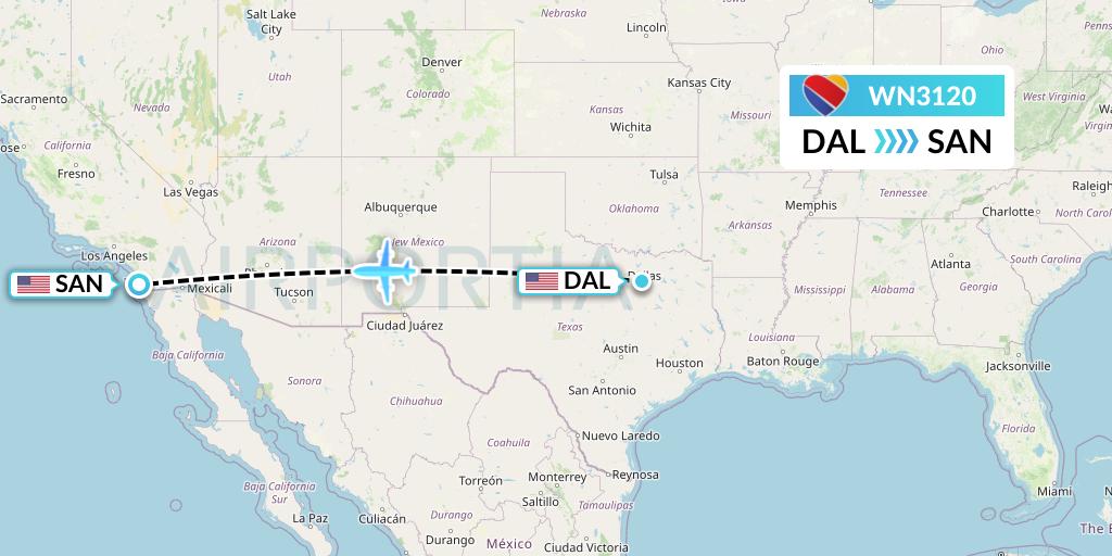 WN3120 Southwest Airlines Flight Map: Dallas to San Diego