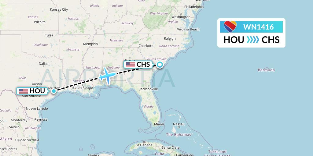 WN1416 Southwest Airlines Flight Map: Houston to Charleston