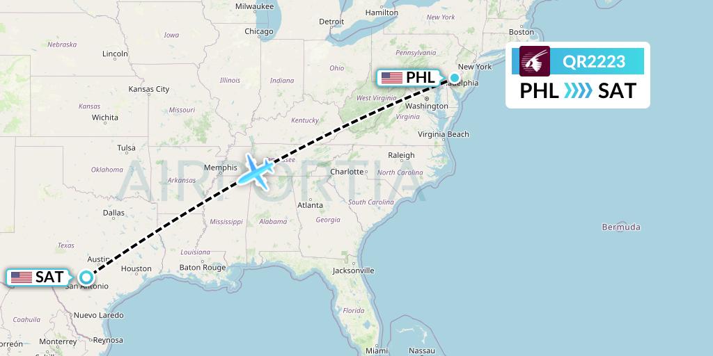 QR2223 Qatar Airways Flight Map: Philadelphia to San Antonio