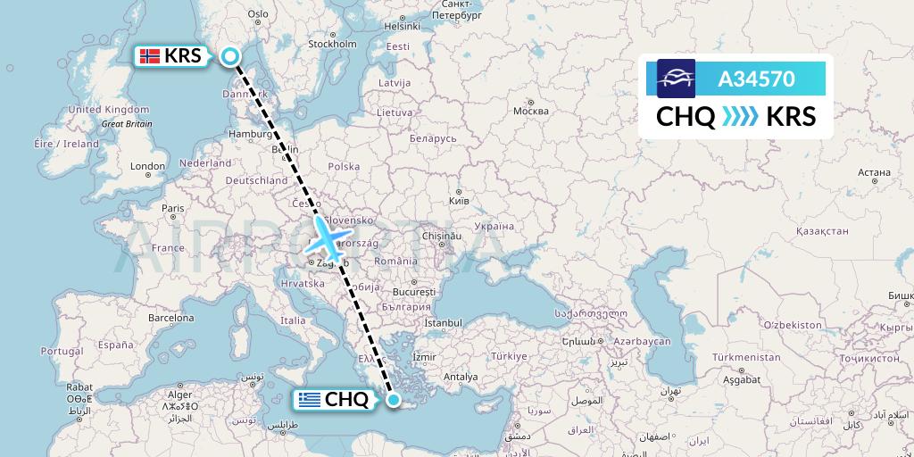 A34570 Aegean Airlines Flight Map: Chania to Kristiansand