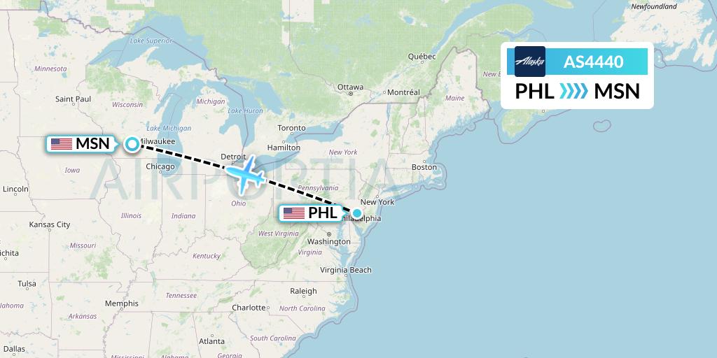 AS4440 Alaska Airlines Flight Map: Philadelphia to Madison