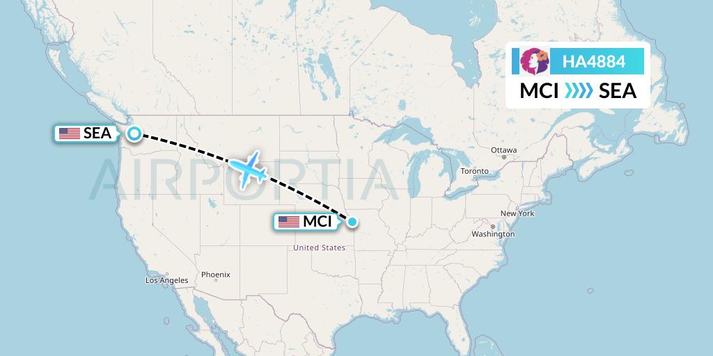 HA4884 Hawaiian Airlines Flight Map: Kansas City to Seattle