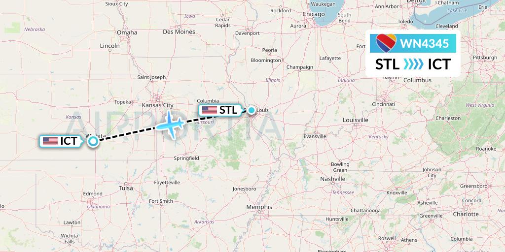 WN4345 Southwest Airlines Flight Map: St. Louis to Wichita