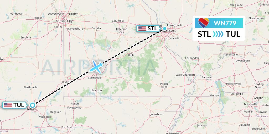 WN779 Southwest Airlines Flight Map: St. Louis to Tulsa