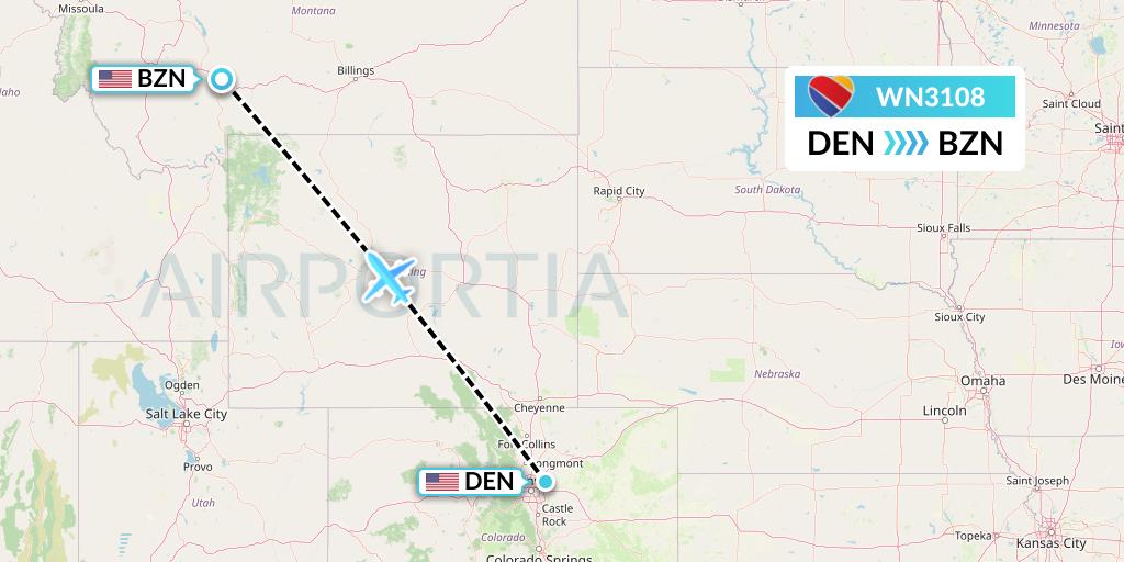 WN3108 Southwest Airlines Flight Map: Denver to Bozeman