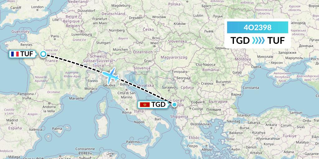 4O2398 Air Montenegro Flight Map: Podgorica to Tours