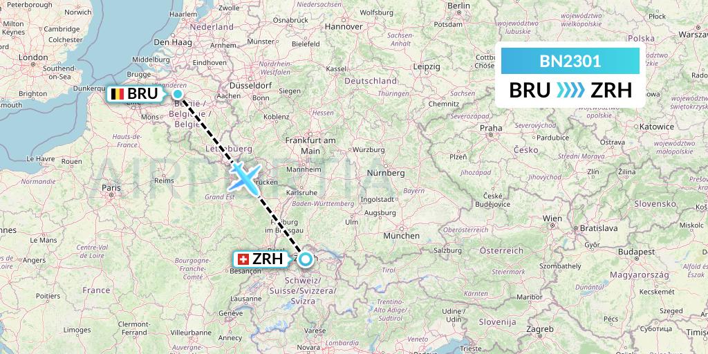 BN2301 Forward Air International Airlines Flight Map: Brussels to Zurich