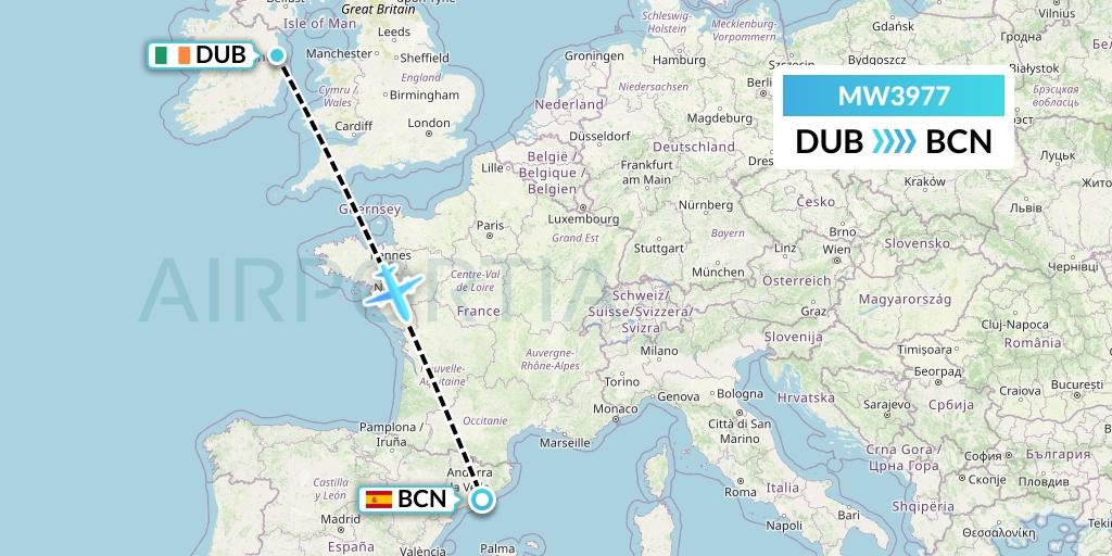 MW3977 Mokulele Flight Service Flight Map: Dublin to Barcelona