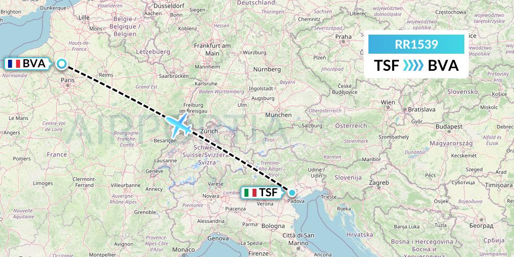 RR1539 Royal Air Force Flight Map: Treviso to Paris