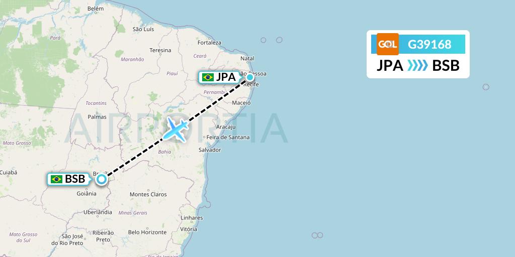G39168 GOL Transportes Aeros Flight Map: Joao Pessoa to Brasilia