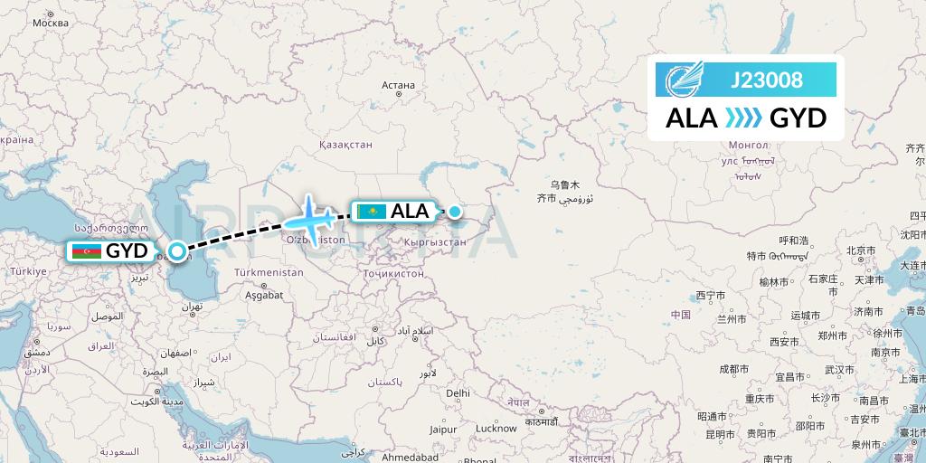 J23008 Azerbaijan Airlines Flight Map: Almaty to Baku