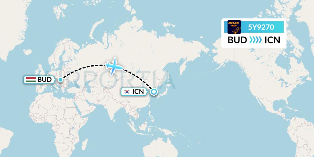 5Y9270 Atlas Air Flight Map: Budapest to Seoul