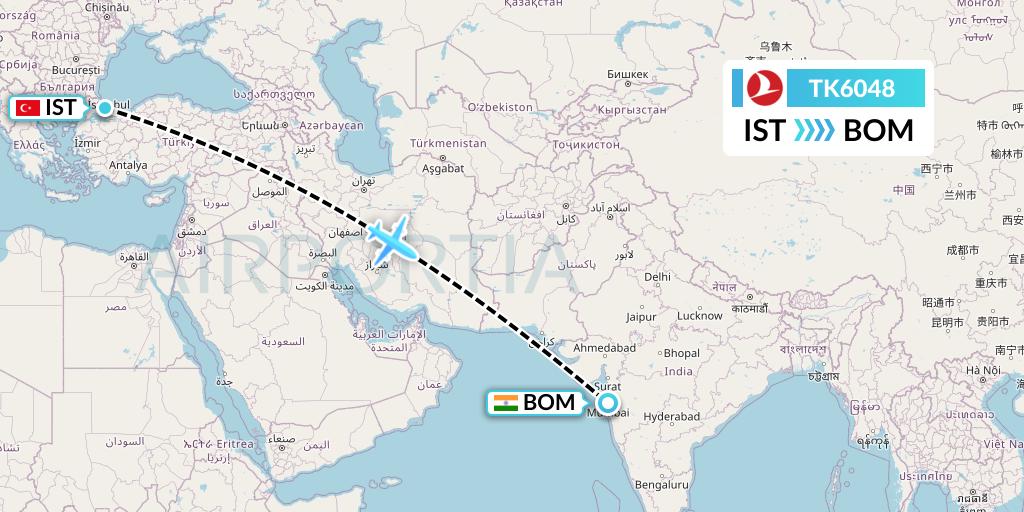 TK6048 Turkish Airlines Flight Map: Istanbul to Mumbai