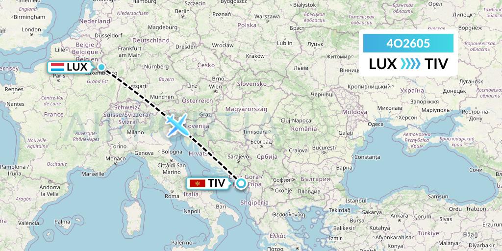 4O2605 Air Montenegro Flight Map: Luxembourg to Tivat