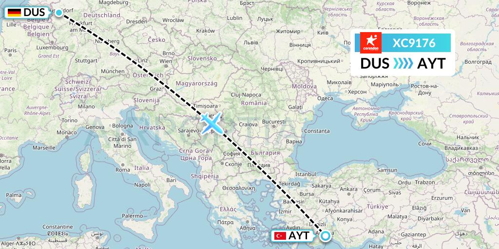 XC9176 Corendon Airlines Flight Map: Dusseldorf to Antalya