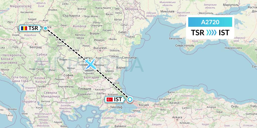 A2720 Anima Wings Aviation Flight Map: Timisoara to Istanbul