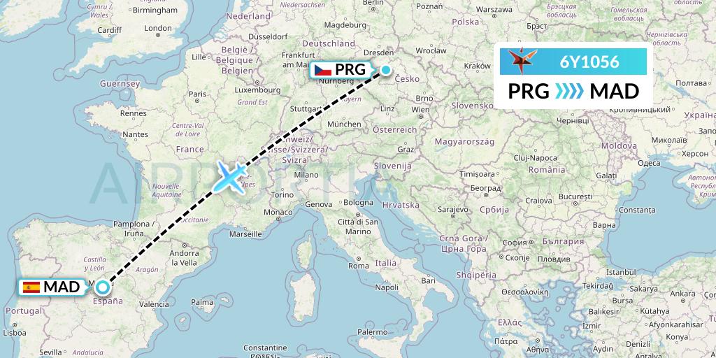 6Y1056 SmartLynx Flight Map: Prague to Madrid