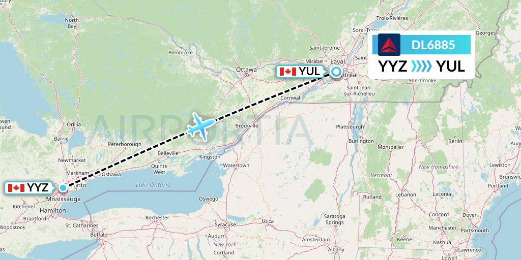 DL6885 Delta Air Lines Flight Map: Toronto to Montreal
