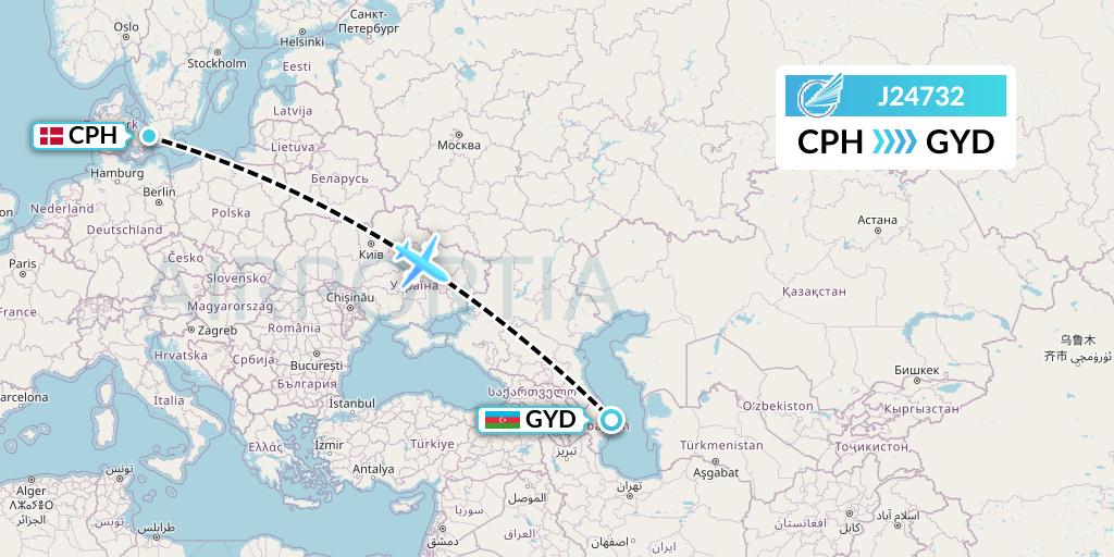 J24732 Azerbaijan Airlines Flight Map: Copenhagen to Baku