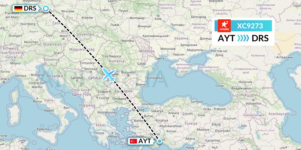 XC9273 Corendon Airlines Flight Map: Antalya to Dresden