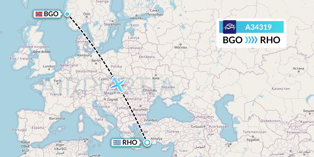 A34319 Aegean Airlines Flight Map: Bergen to Rhodes