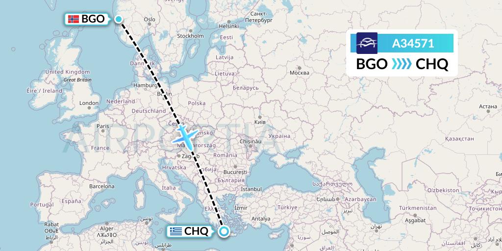 A34571 Aegean Airlines Flight Map: Bergen to Chania