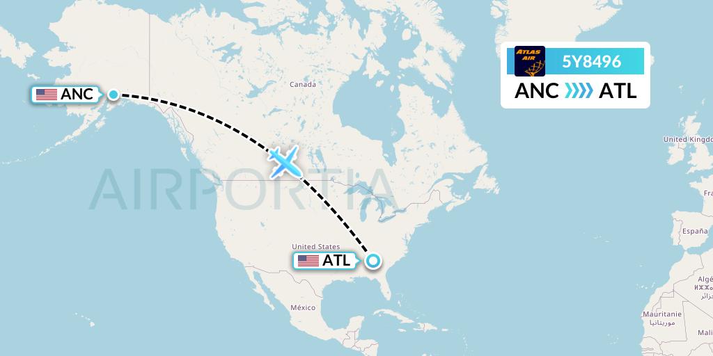 5Y8496 Atlas Air Flight Map: Anchorage to Atlanta