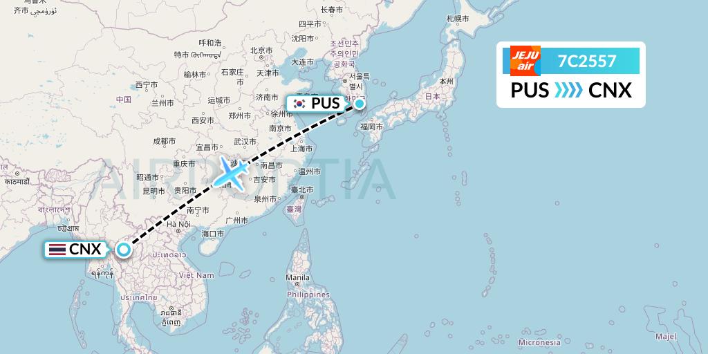 7C2557 Jeju Air Flight Map: Busan to Chiang Mai