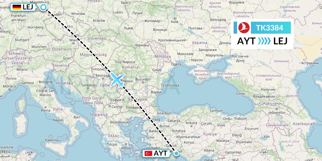 TK3384 Turkish Airlines Flight Map: Antalya to Leipzig
