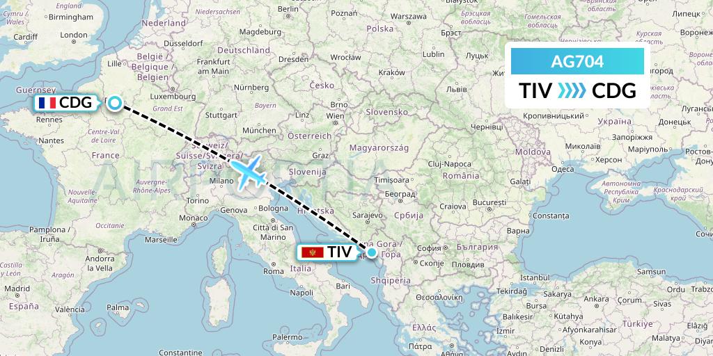 AG704 Aruba Airlines Flight Map: Tivat to Paris