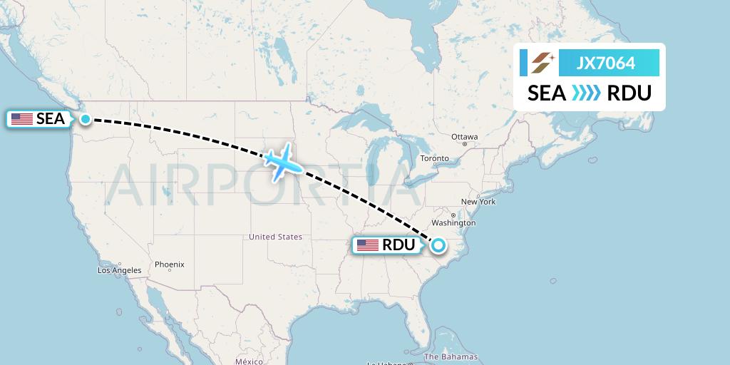JX7064 Starlux Airlines Flight Map: Seattle to Raleigh-Durham