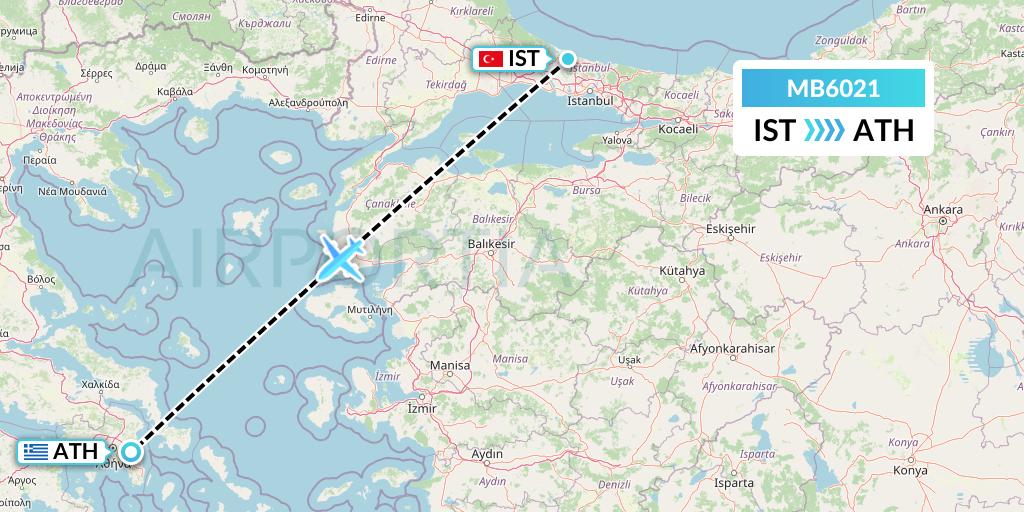 MB6021 MNG Airlines Flight Map: Istanbul to Athens