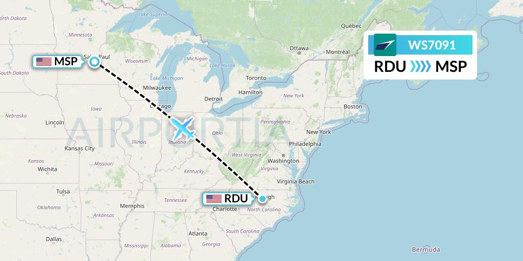 WS7091 WestJet Flight Map: Raleigh-Durham to Minneapolis