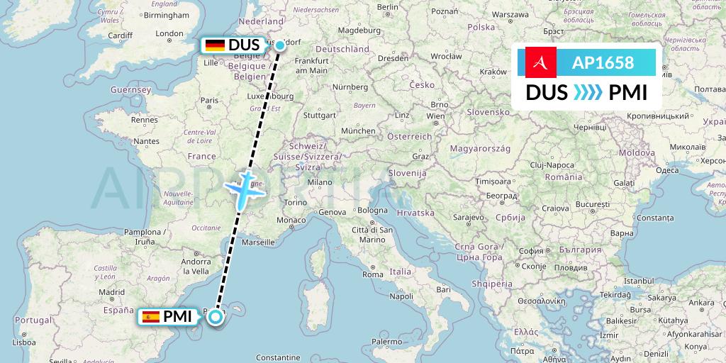 AP1658 AlbaStar Flight Map: Dusseldorf to Palma de Mallorca