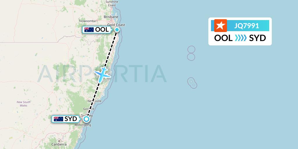 JQ7991 Jetstar Airways Flight Map: Gold Coast to Sydney