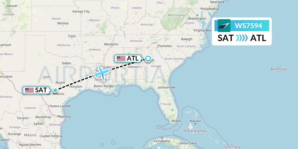 WS7594 WestJet Flight Map: San Antonio to Atlanta