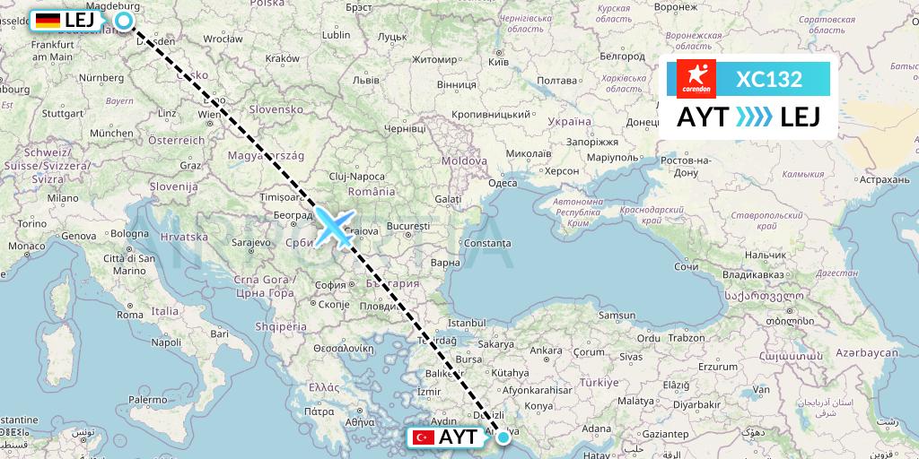XC132 Corendon Airlines Flight Map: Antalya to Leipzig