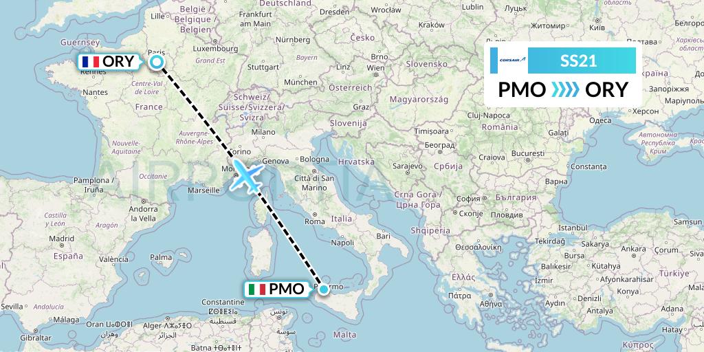 SS21 Corsair Flight Map: Palermo to Paris