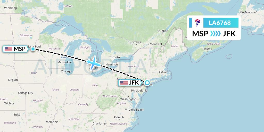 LA6768 LAN Airlines Flight Map: Minneapolis to New York
