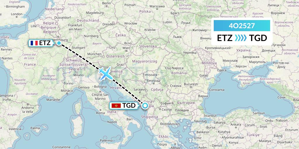 4O2527 Air Montenegro Flight Map: Metz-Nancy to Podgorica