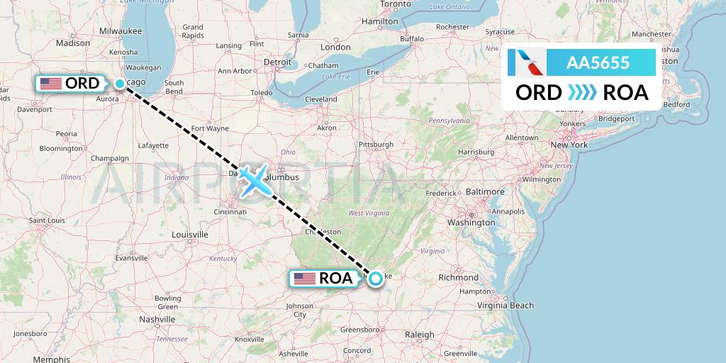 AA5655 American Airlines Flight Map: Chicago to Roanoke