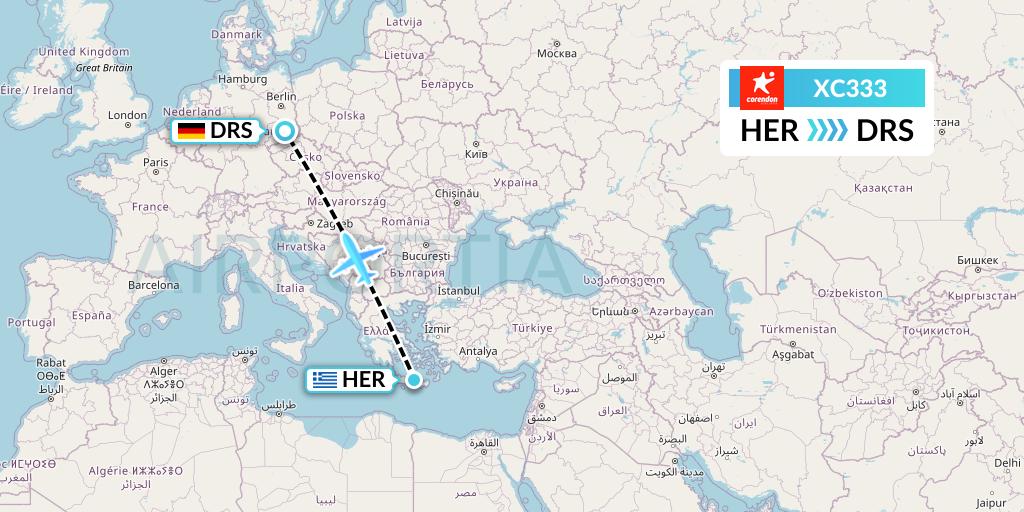 XC333 Corendon Airlines Flight Map: Heraklion to Dresden