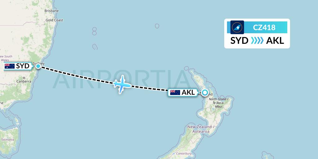 CZ418 China Southern Airlines Flight Map: Sydney to Auckland