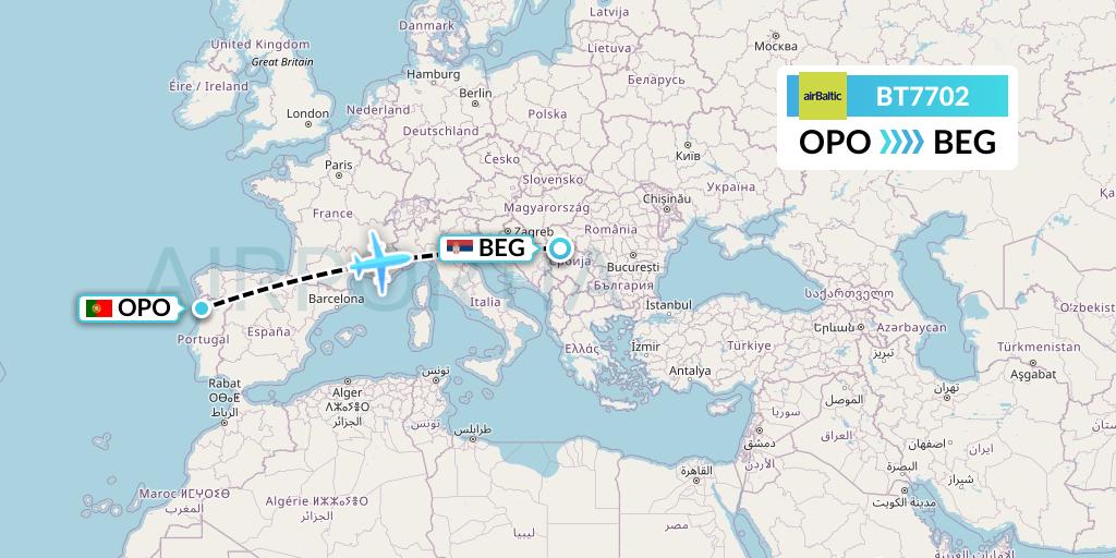 BT7702 Air Baltic Flight Map: Porto to Belgrade
