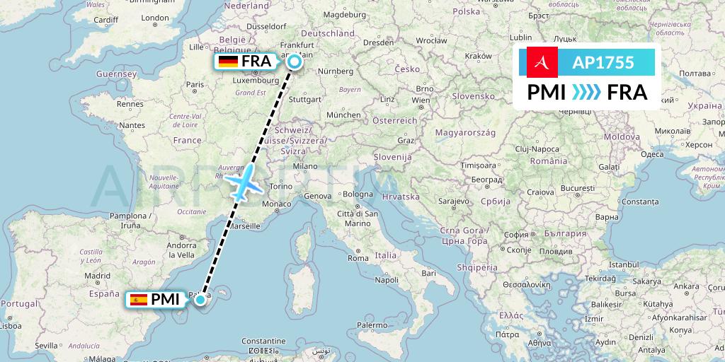AP1755 AlbaStar Flight Map: Palma de Mallorca to Frankfurt