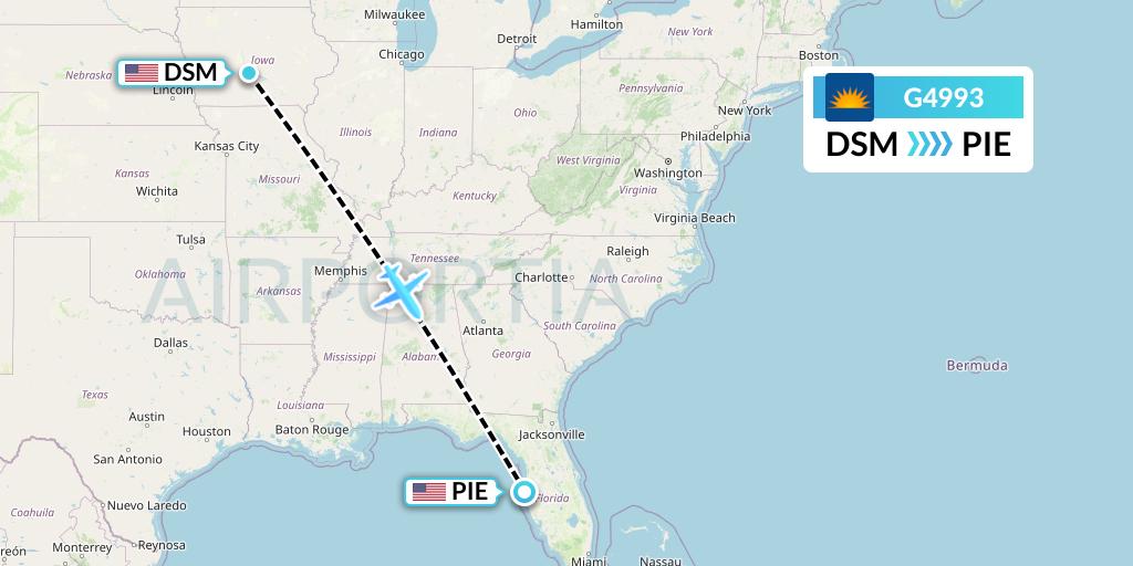 G4993 Allegiant Air Flight Map: Des Moines to St. Petersburg
